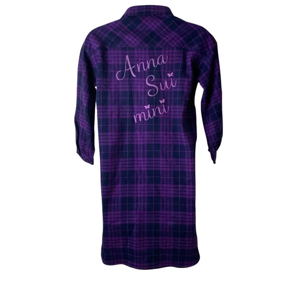 Anna Sui Mini Girls 12Y L Purple Plaid Shirt Dress Butterfly Embroidered Ruffle